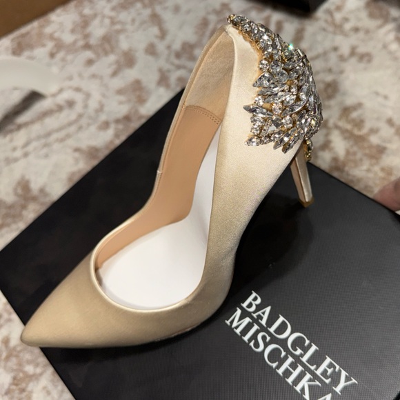 Badgley Mischka Shoes - Badgley Mischka Champagne Satin Pump with Crystal Heel Accent